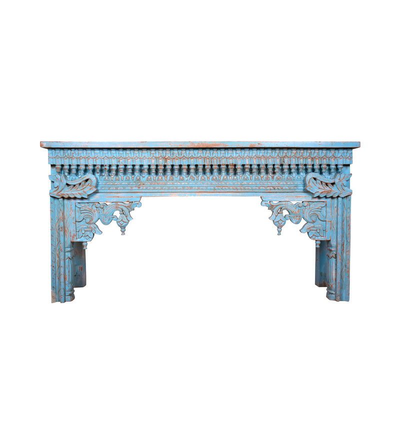 Neelakshi Console - Ornate Hand-Carved Wooden Console Table in Blue Distress Finish