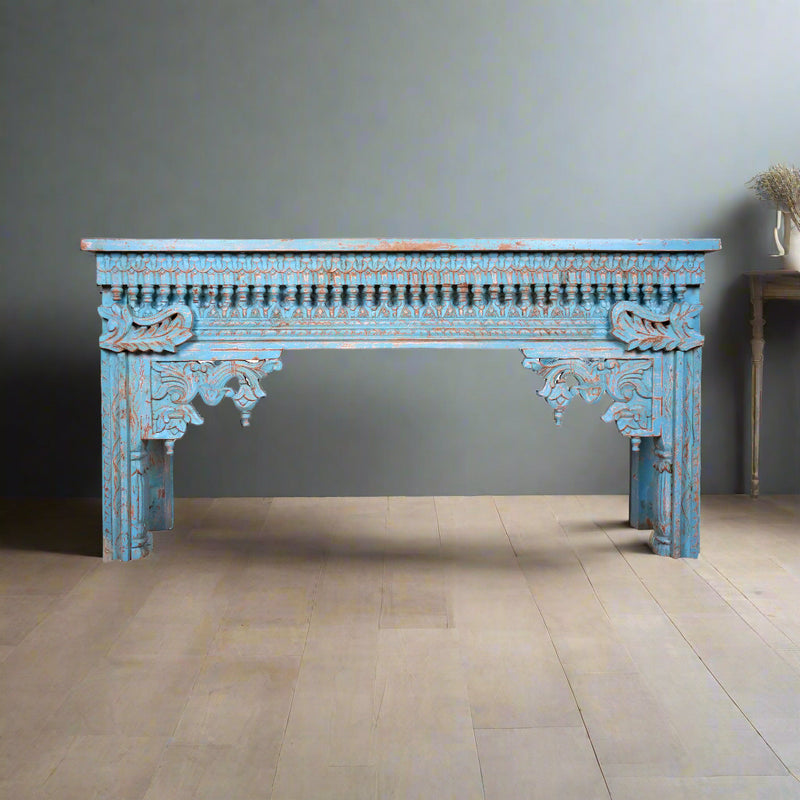 Neelakshi Console - Ornate Hand-Carved Wooden Console Table in Blue Distress Finish