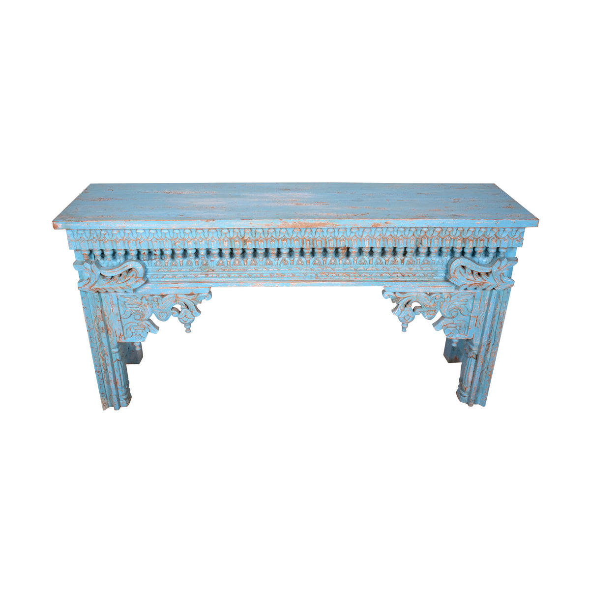 Neelakshi Console - Ornate Hand-Carved Wooden Console Table in Blue Distress Finish