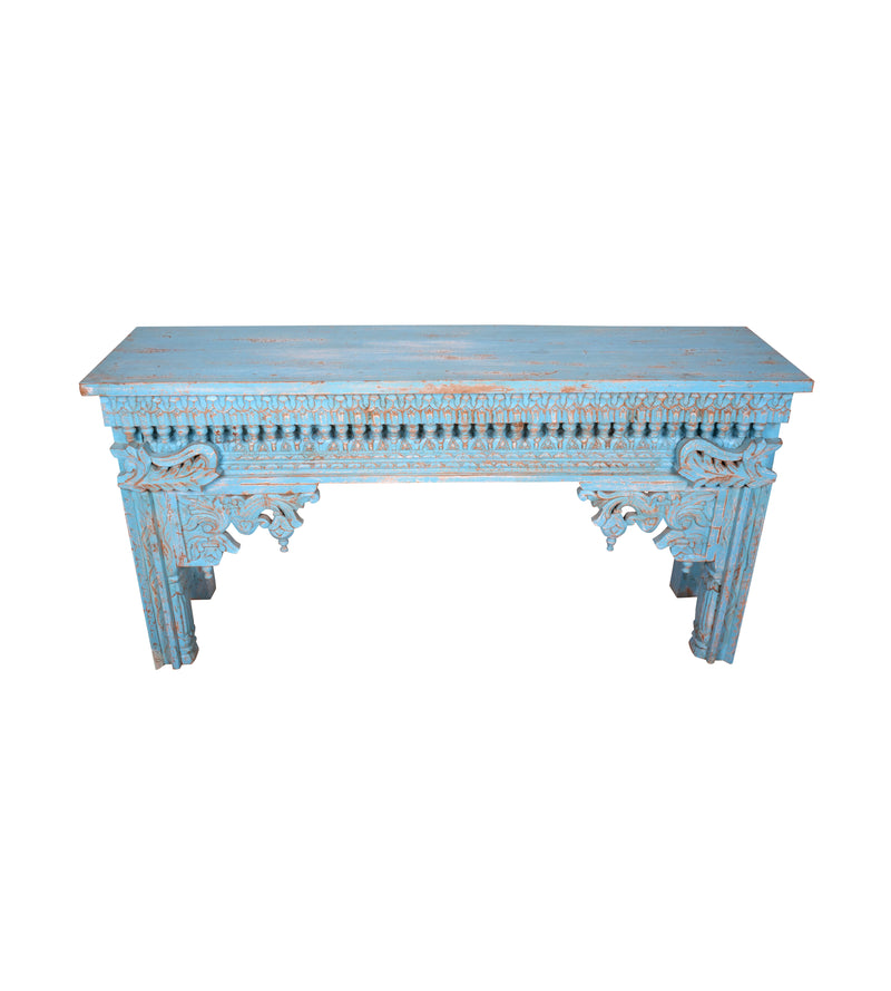 Neelakshi Console - Ornate Hand-Carved Wooden Console Table in Blue Distress Finish