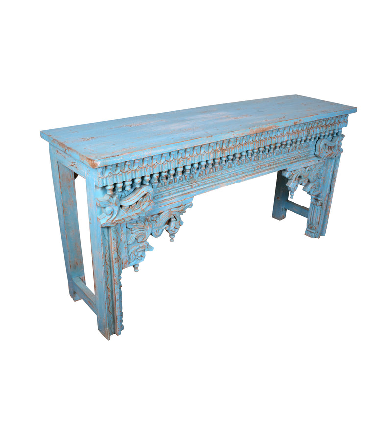 Neelakshi Console - Ornate Hand-Carved Wooden Console Table in Blue Distress Finish