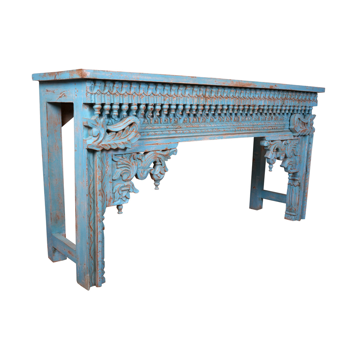 Neelakshi Console - Ornate Hand-Carved Wooden Console Table in Blue Distress Finish