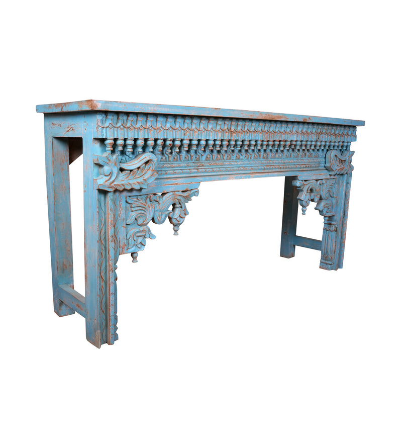 Neelakshi Console - Ornate Hand-Carved Wooden Console Table in Blue Distress Finish