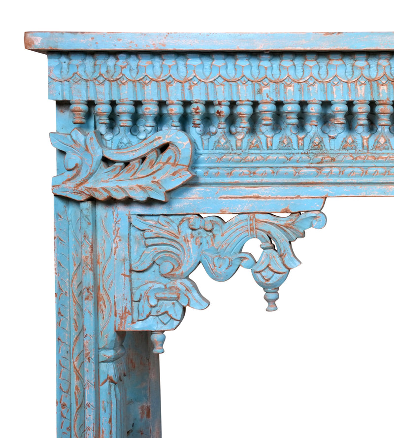 Neelakshi Console - Ornate Hand-Carved Wooden Console Table in Blue Distress Finish