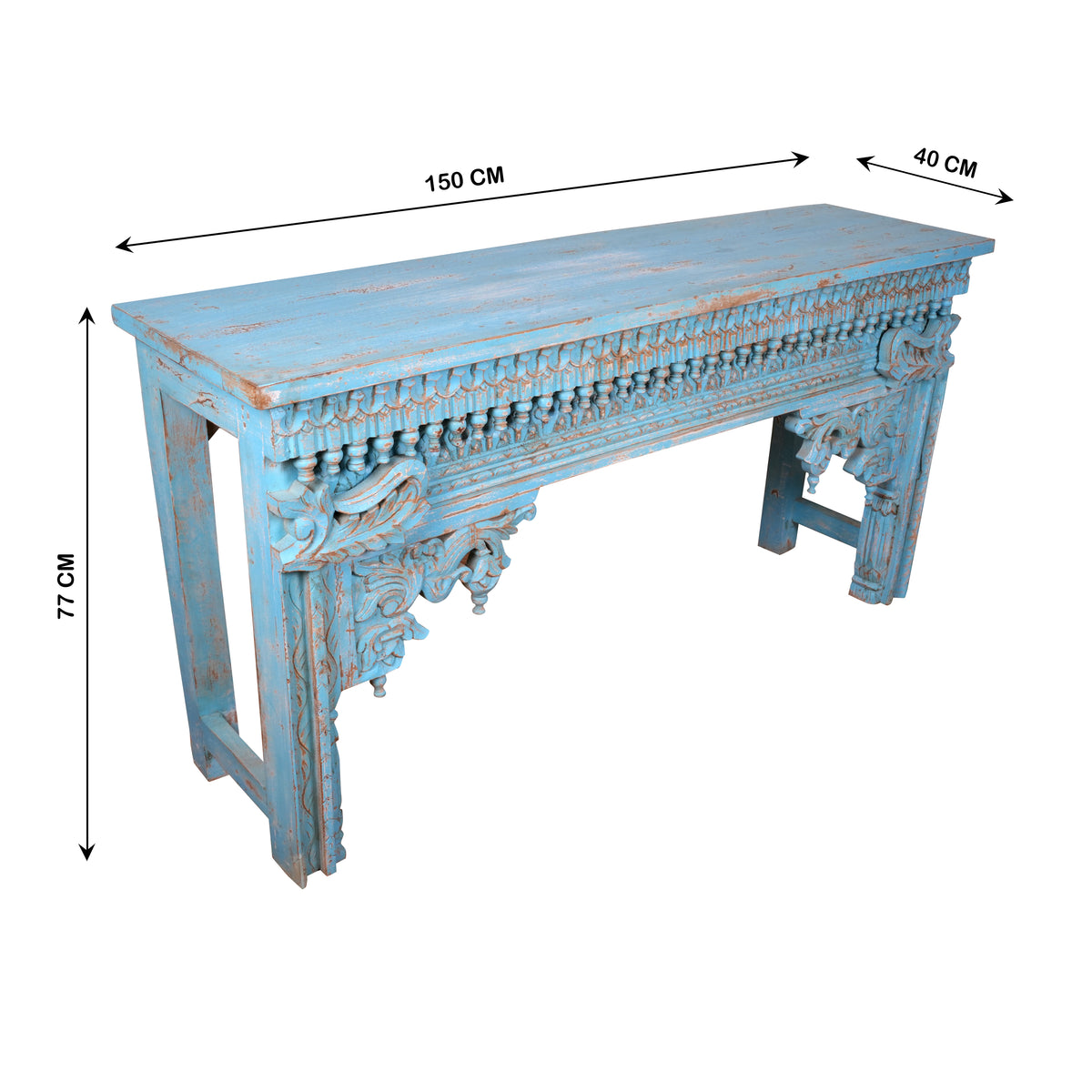 Neelakshi Console - Ornate Hand-Carved Wooden Console Table in Blue Distress Finish