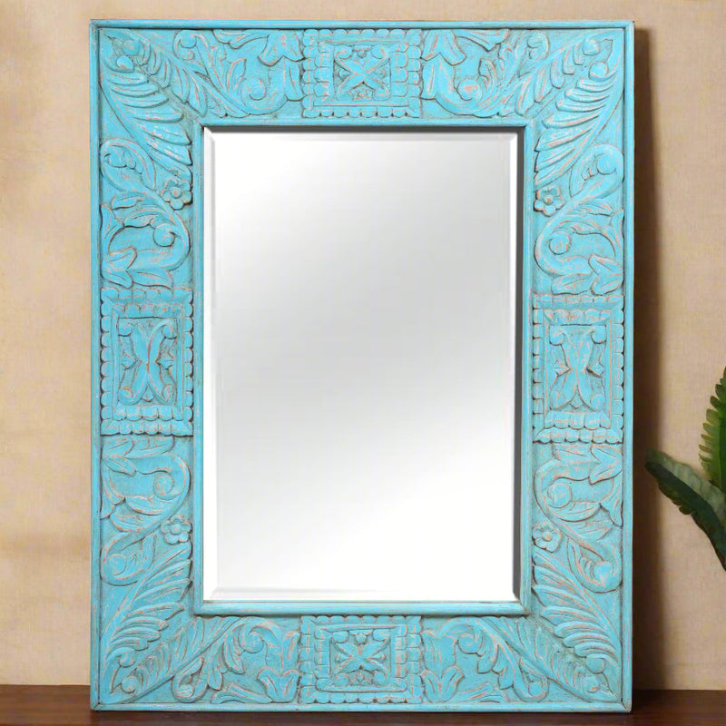 Neel Rang Mirror - Hand-Carved Wooden Mirror Frame in Distressed Blue