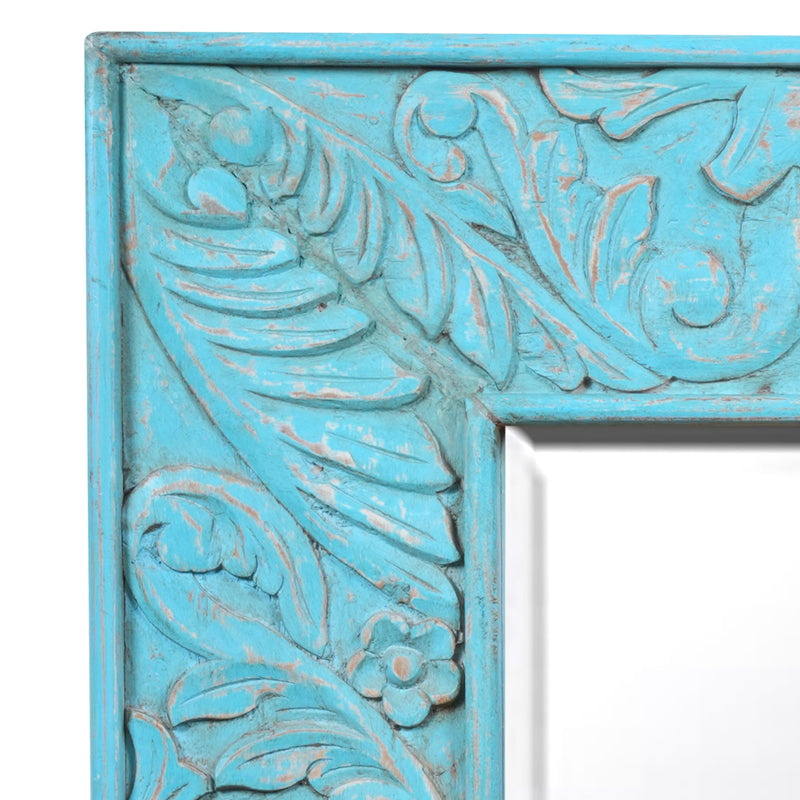 Neel Rang Mirror - Hand-Carved Wooden Mirror Frame in Distressed Blue