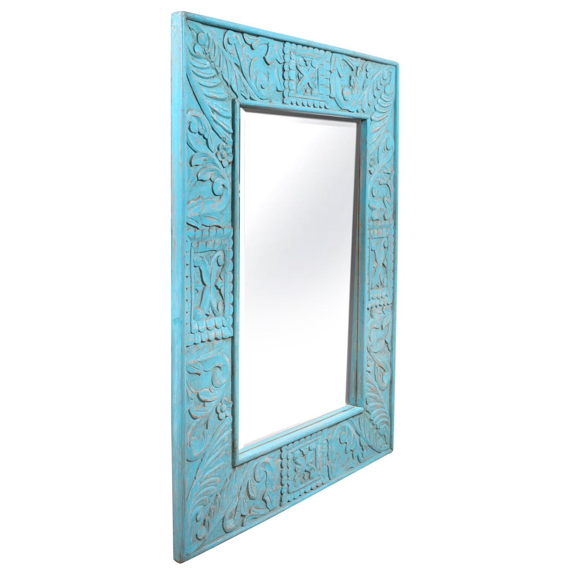 Neel Rang Mirror - Hand-Carved Wooden Mirror Frame in Distressed Blue