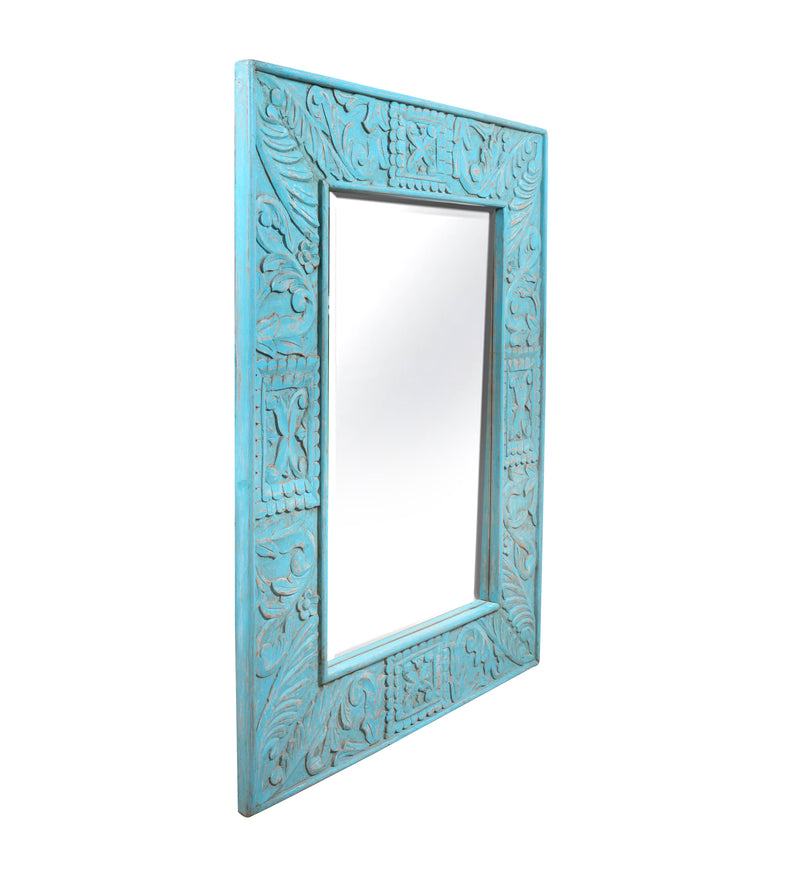 Neel Rang Mirror - Hand-Carved Wooden Mirror Frame in Distressed Blue