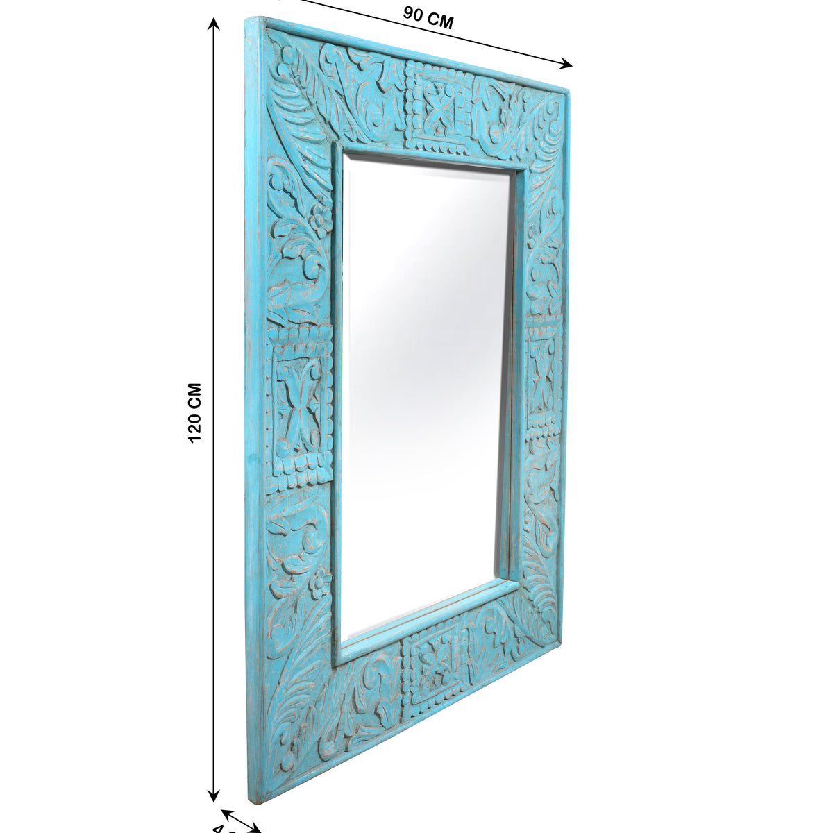 Neel Rang Mirror - Hand-Carved Wooden Mirror Frame in Distressed Blue