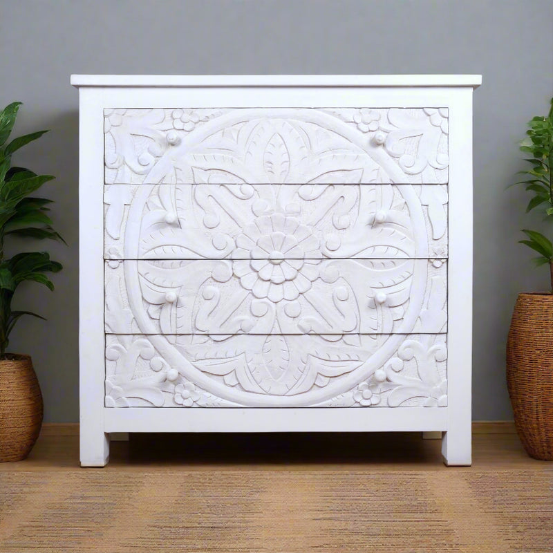 Sitara Chest - White Carved Wooden Dresser with Mandala Front Design