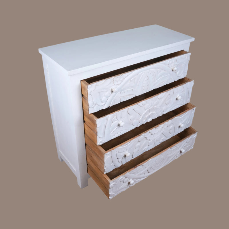 Sitara Chest - White Carved Wooden Dresser with Mandala Front Design