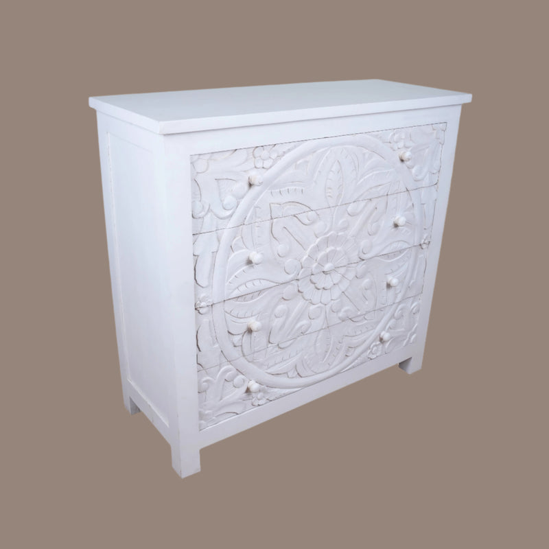 Sitara Chest - White Carved Wooden Dresser with Mandala Front Design