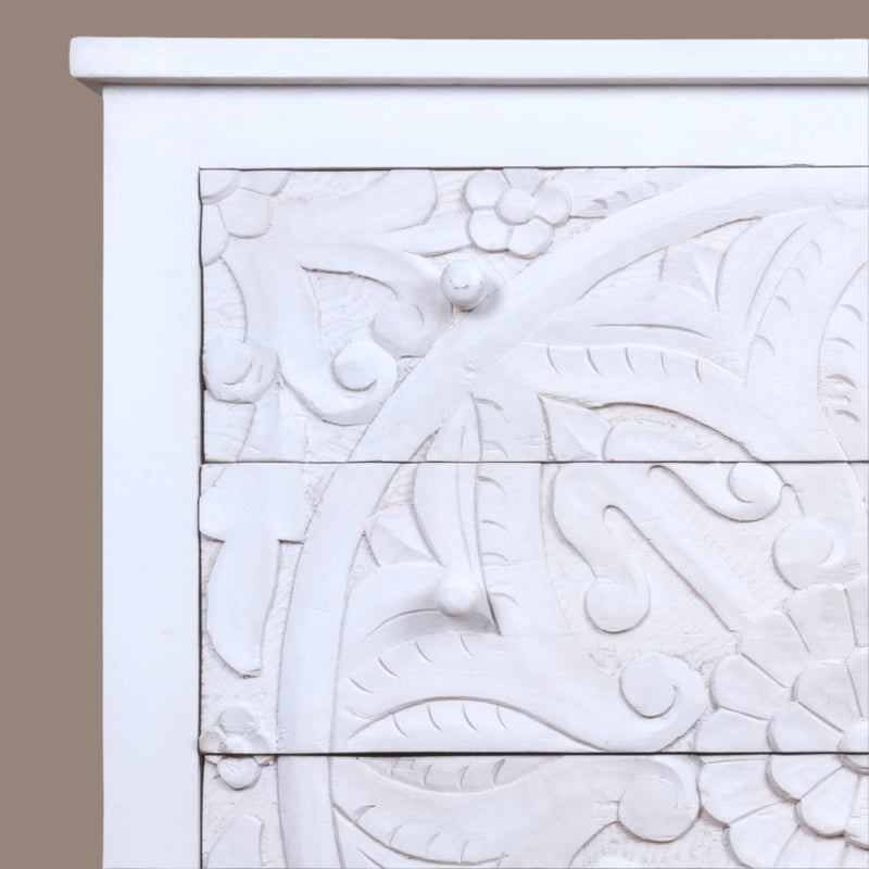 Sitara Chest - White Carved Wooden Dresser with Mandala Front Design
