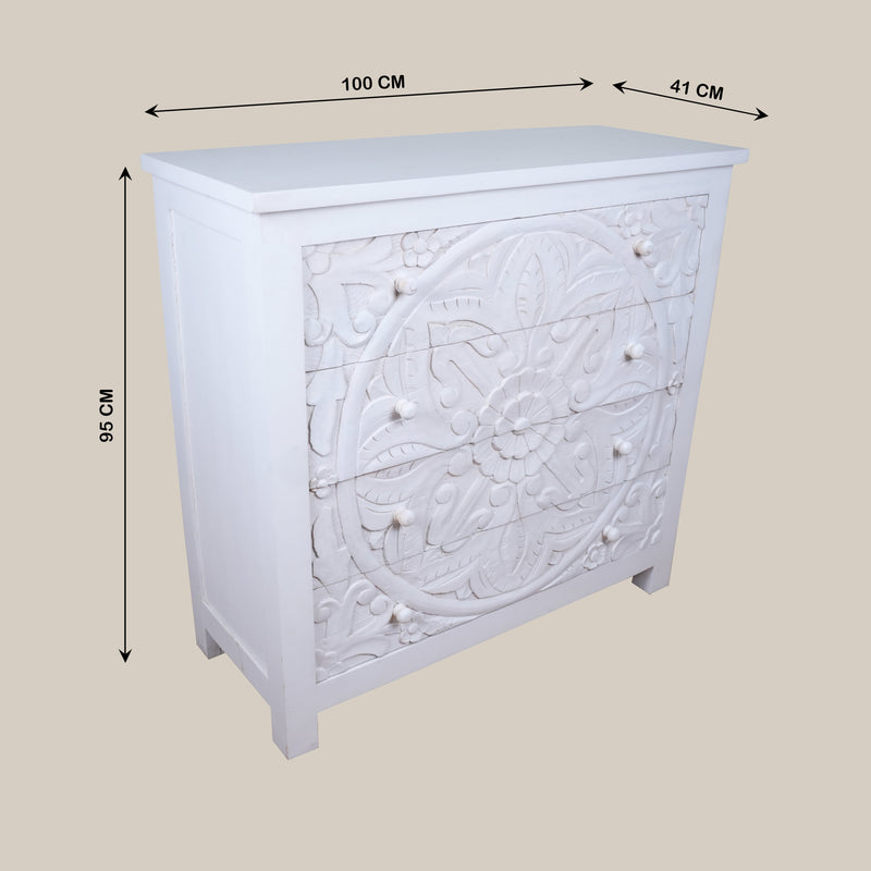 Sitara Chest - White Carved Wooden Dresser with Mandala Front Design