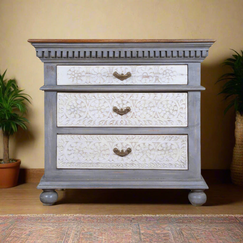 Eira Chest - Two-tone Wooden Dresser with Intricate Floral Carvings