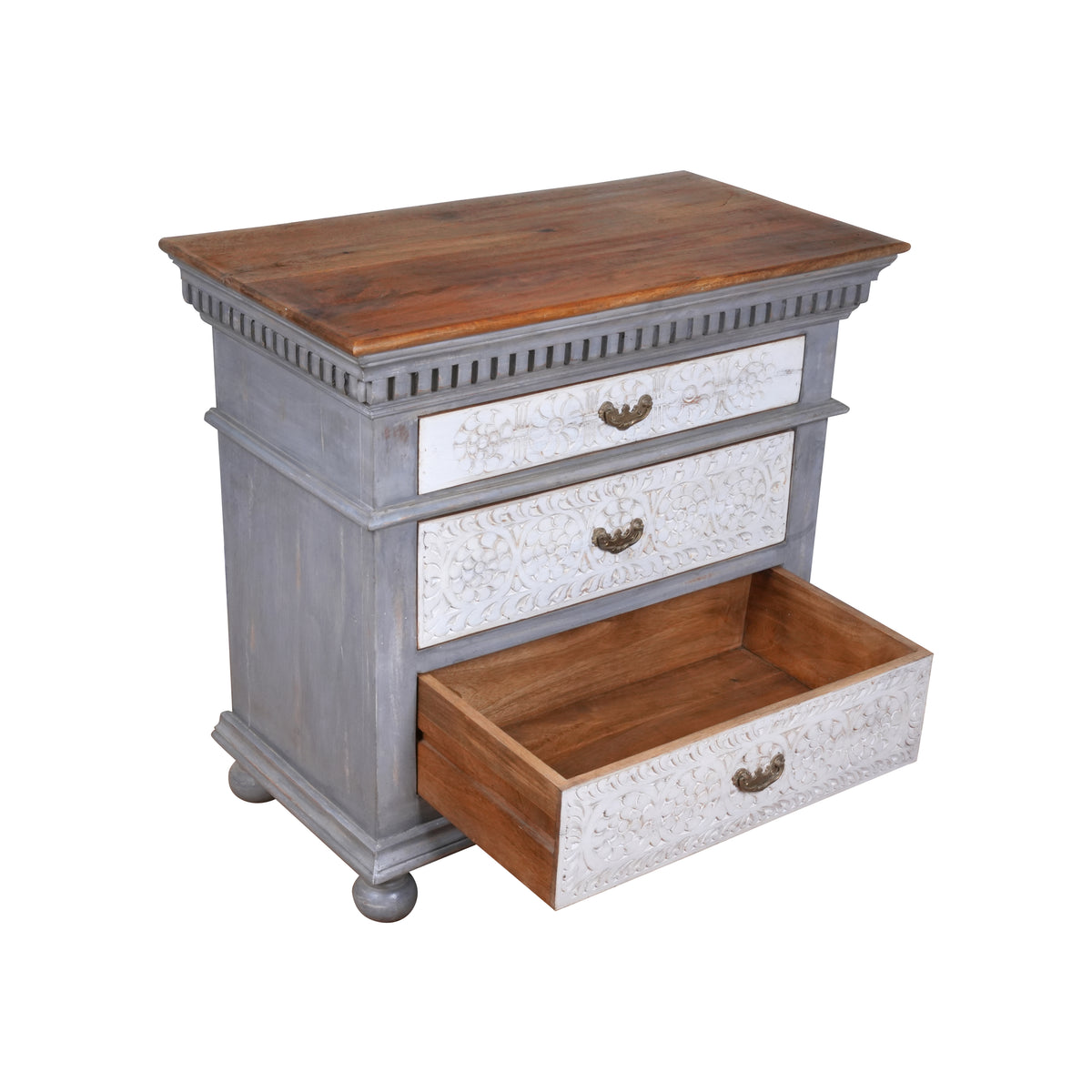 Eira Chest - Two-tone Wooden Dresser with Intricate Floral Carvings