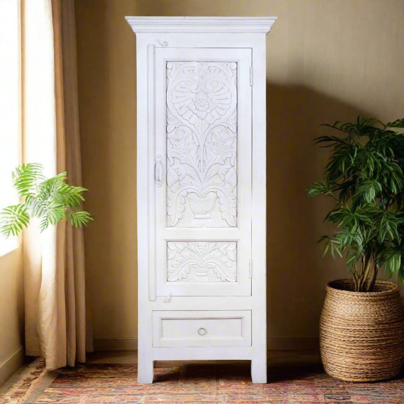 Sharvani Almirah - Tall White Hand-Carved Wooden Cabinet with Drawer Storage