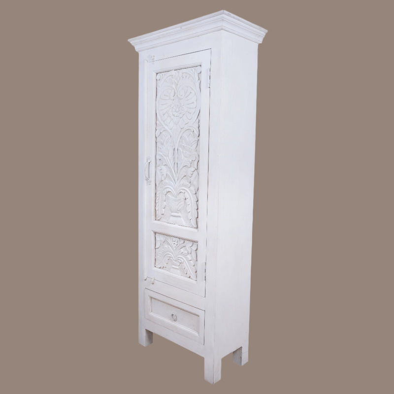 Sharvani Almirah - Tall White Hand-Carved Wooden Cabinet with Drawer Storage