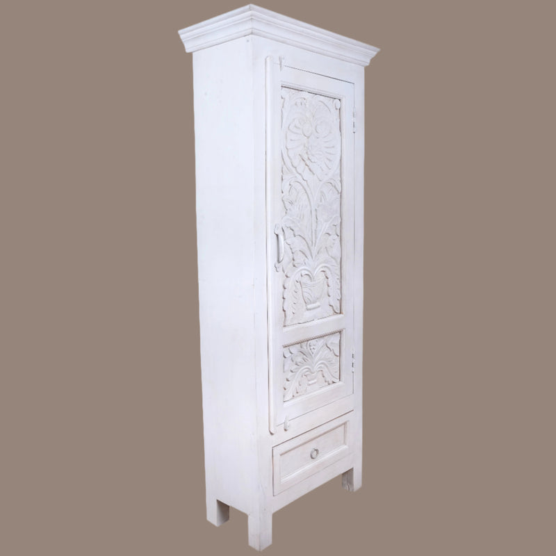 Sharvani Almirah - Tall White Hand-Carved Wooden Cabinet with Drawer Storage