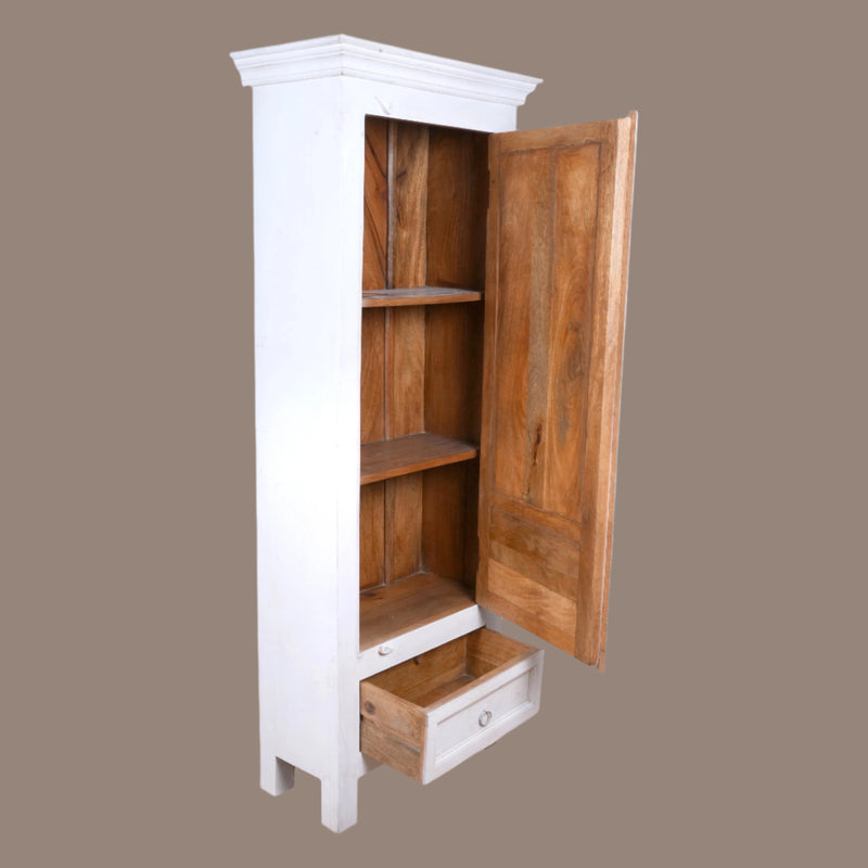 Sharvani Almirah - Tall White Hand-Carved Wooden Cabinet with Drawer Storage