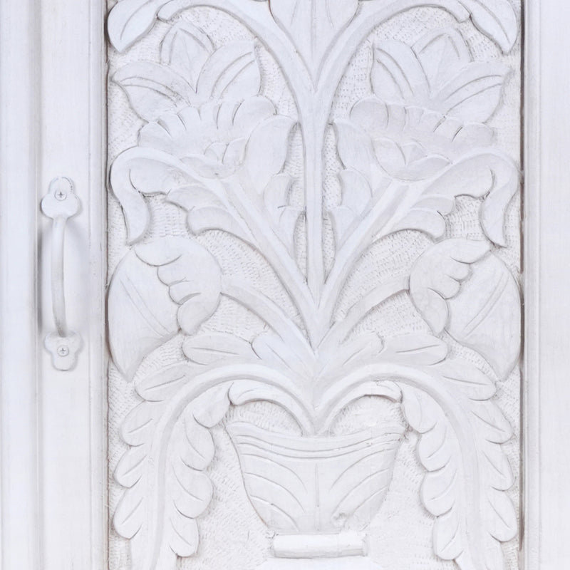 Sharvani Almirah - Tall White Hand-Carved Wooden Cabinet with Drawer Storage