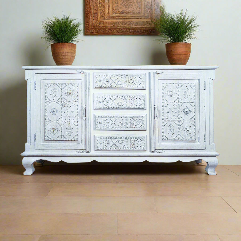 Zahra Sideboard - Hand-Carved Wooden Sideboard in White Distress Finish