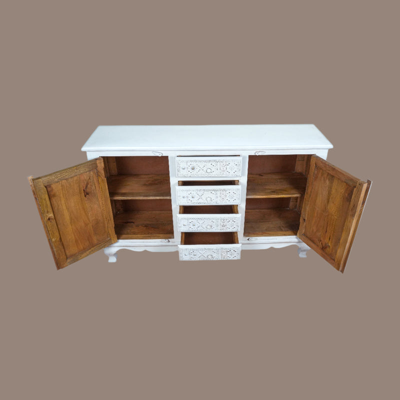 Zahra Sideboard - Hand-Carved Wooden Sideboard in White Distress Finish