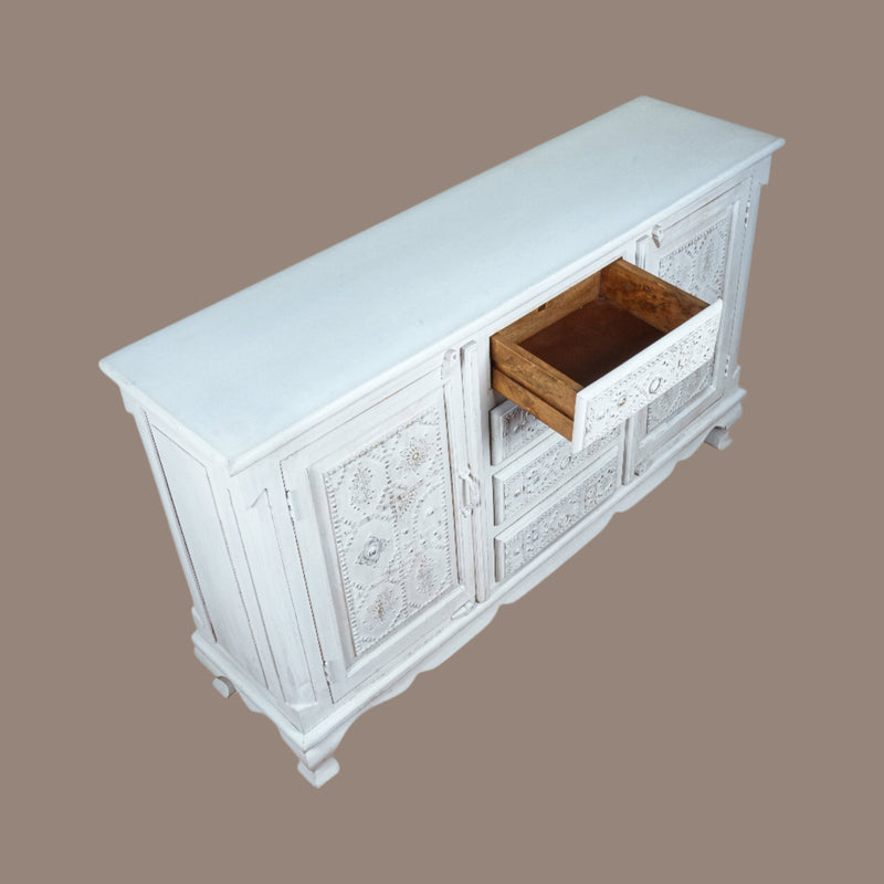 Zahra Sideboard - Hand-Carved Wooden Sideboard in White Distress Finish