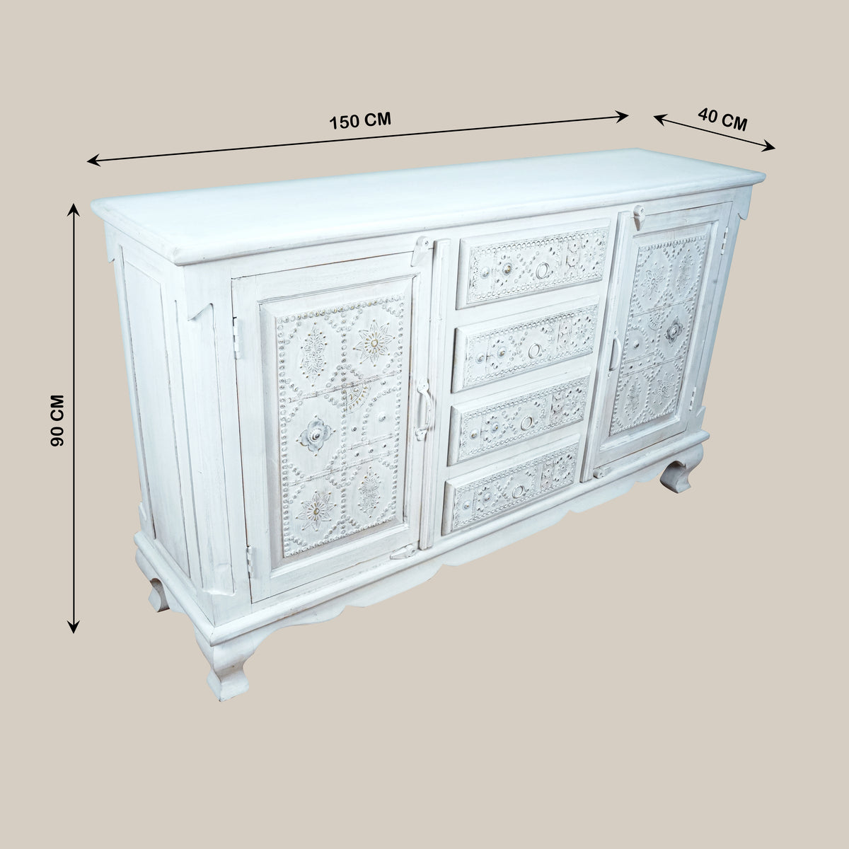 Zahra Sideboard - Hand-Carved Wooden Sideboard in White Distress Finish