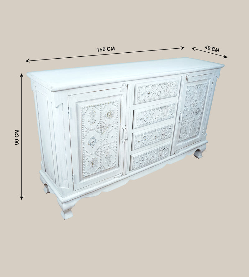 Zahra Sideboard - Hand-Carved Wooden Sideboard in White Distress Finish