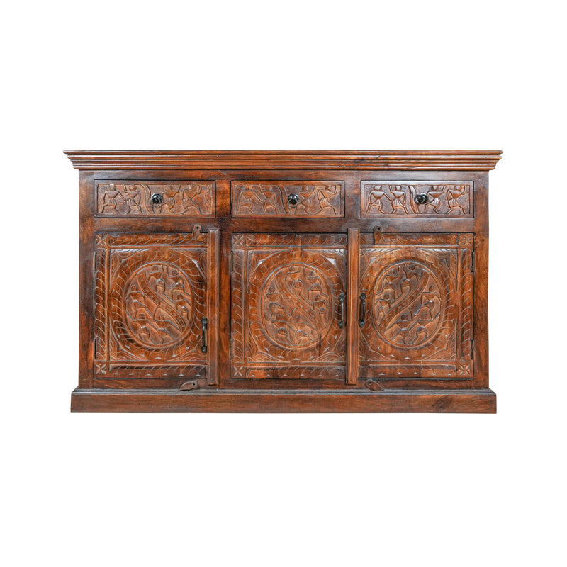 Meher Sideboard - Rustic Wooden Sideboard with Traditional Carved Panels
