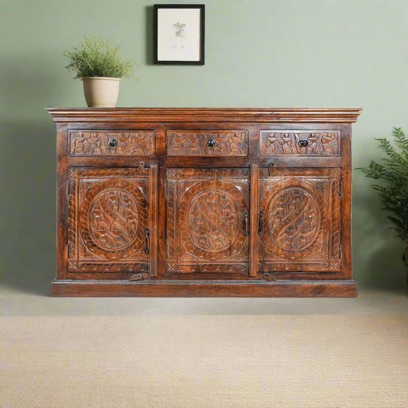 Meher Sideboard - Rustic Wooden Sideboard with Traditional Carved Panels
