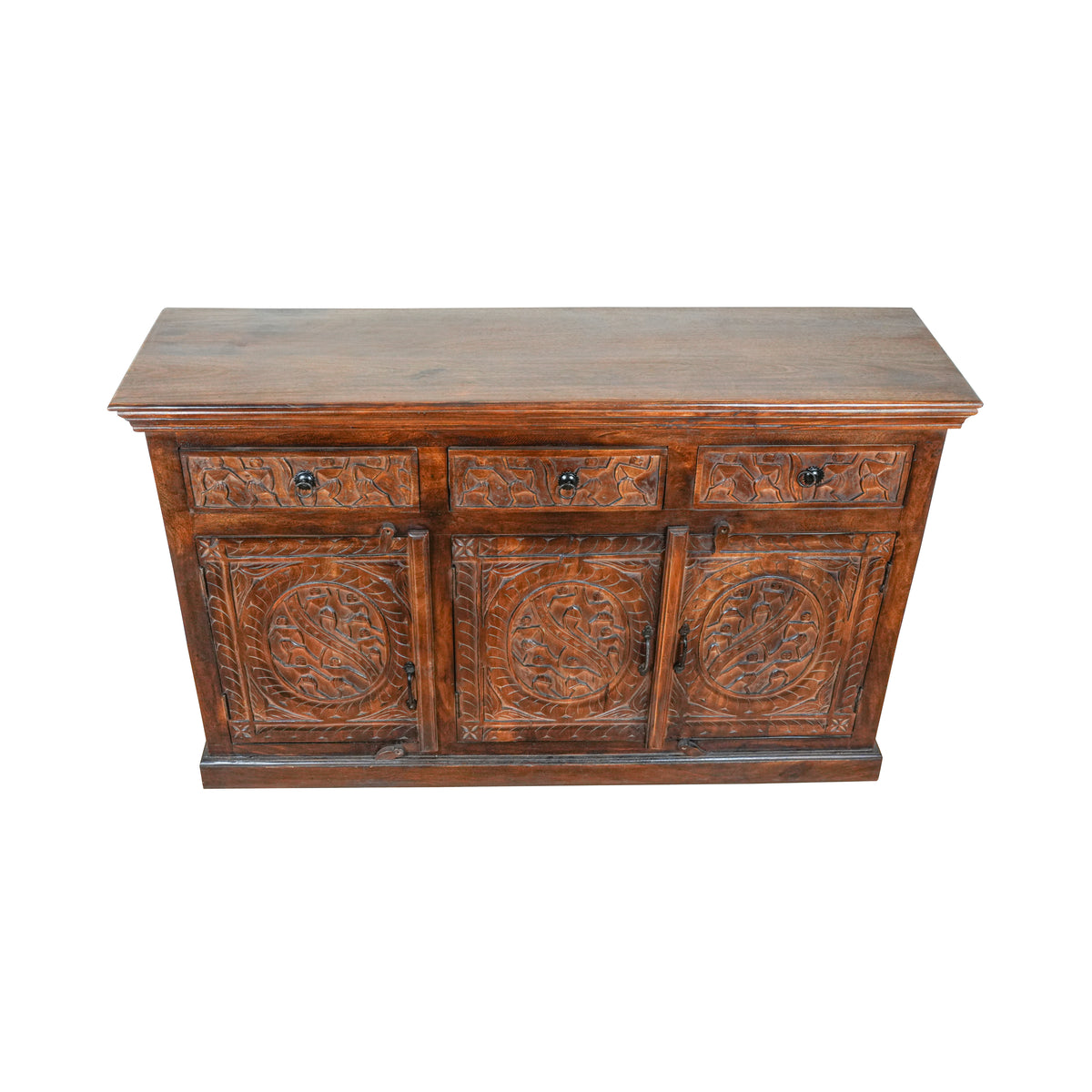 Meher Sideboard - Rustic Wooden Sideboard with Traditional Carved Panels