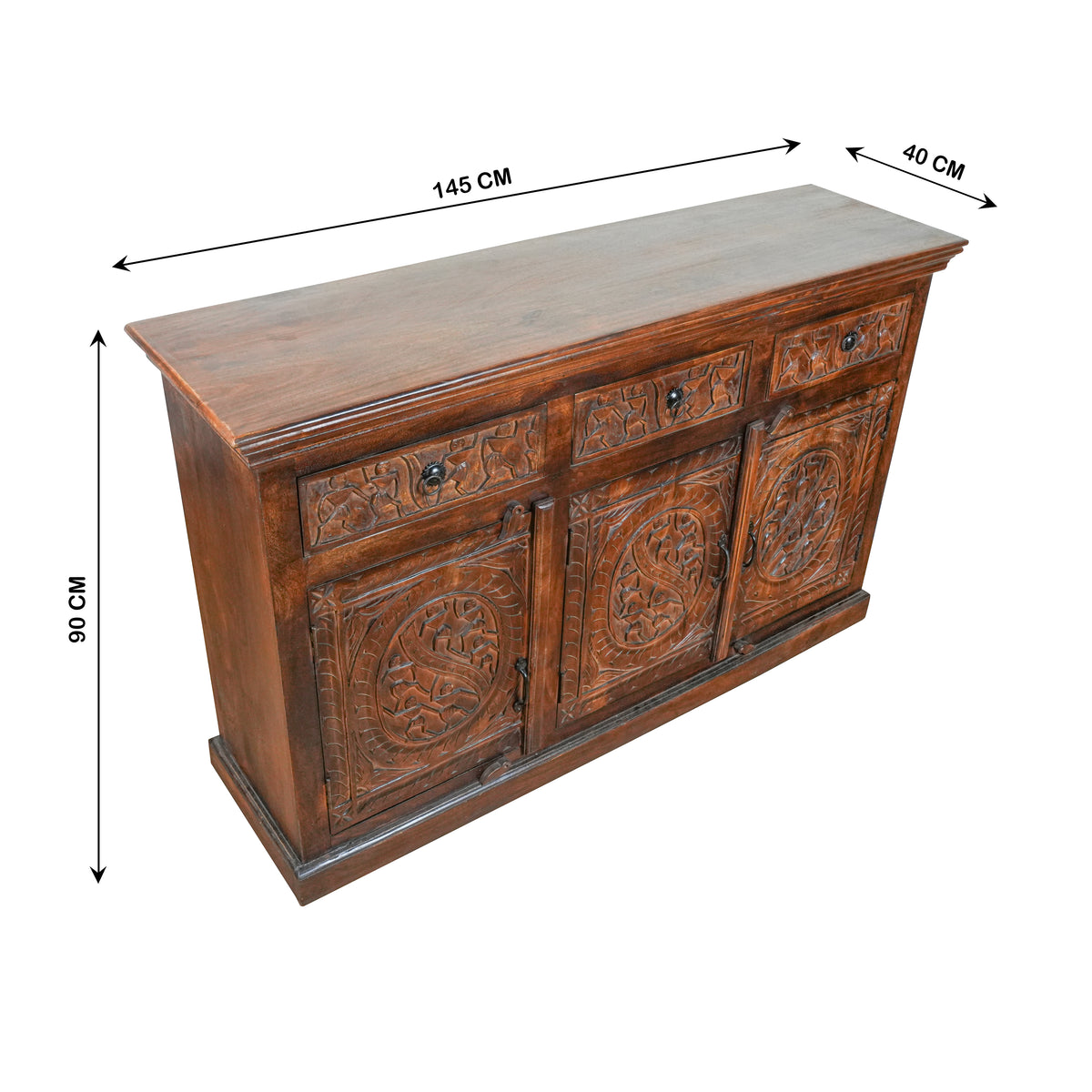 Meher Sideboard - Rustic Wooden Sideboard with Traditional Carved Panels