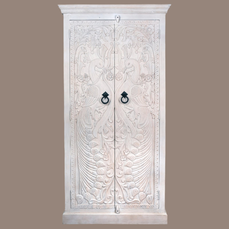 Mayurika Almirah - Hand-Carved Wooden Cabinet with Peacock Motif Doors