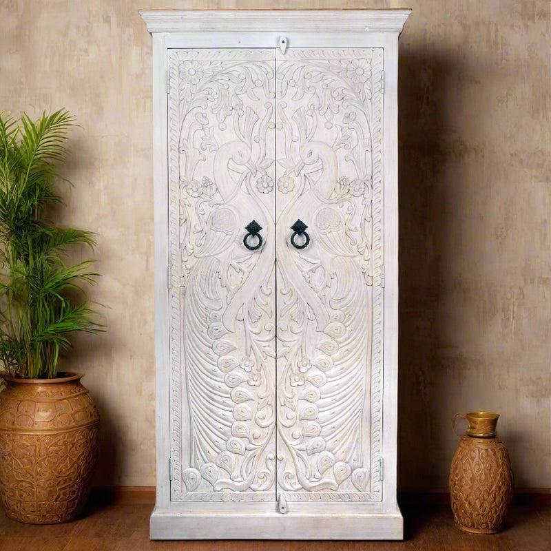Mayurika Almirah - Hand-Carved Wooden Cabinet with Peacock Motif Doors