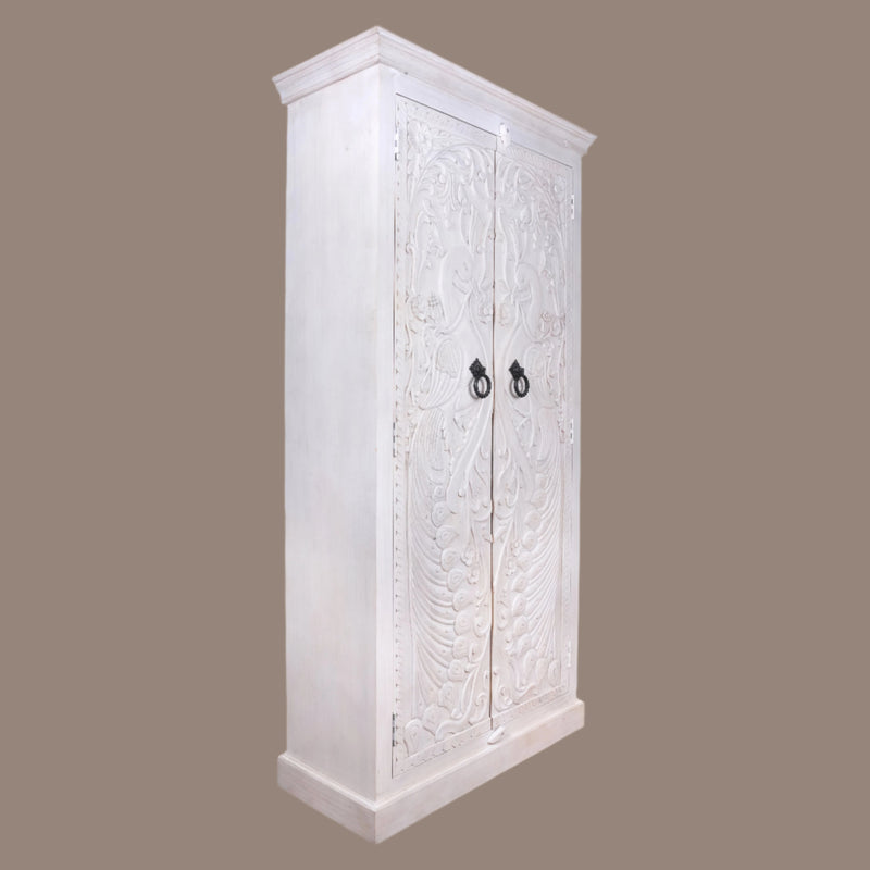 Mayurika Almirah - Hand-Carved Wooden Cabinet with Peacock Motif Doors
