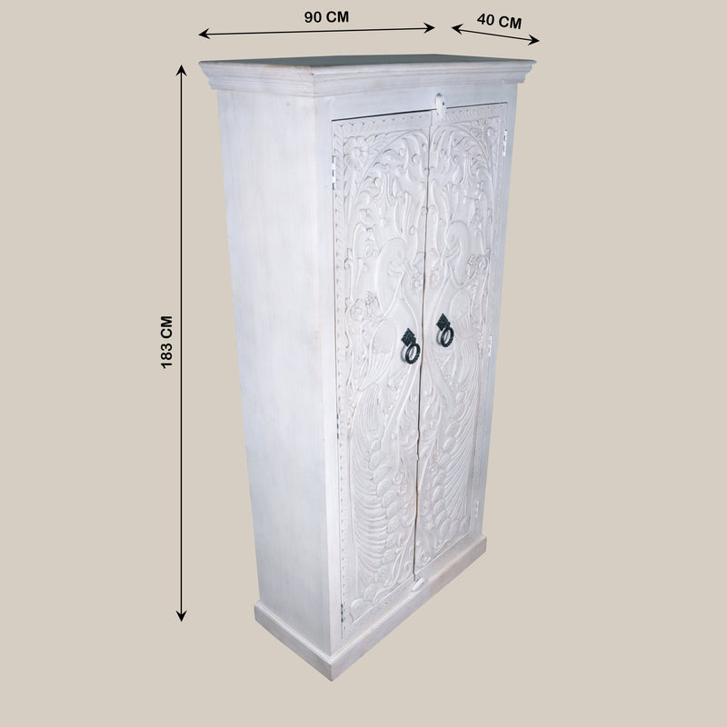 Mayurika Almirah - Hand-Carved Wooden Cabinet with Peacock Motif Doors