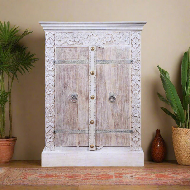 Kasturi Sideboard - Floral Carved Wooden Sideboard in Distress Finish