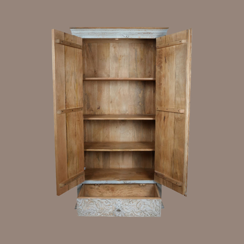 Vanya Almirah - Tall Wooden Cabinet with Nature-Inspired Carvings in Antique Wash
