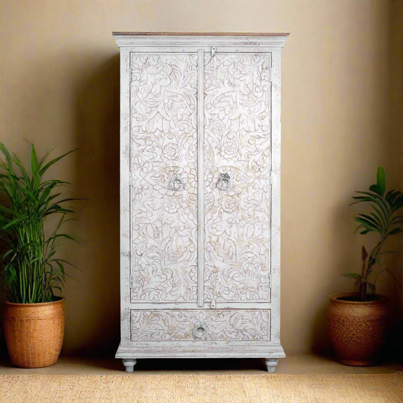 Vanya Almirah - Tall Wooden Cabinet with Nature-Inspired Carvings in Antique Wash