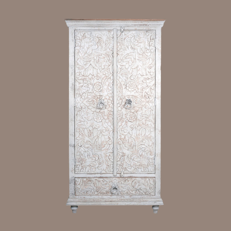 Vanya Almirah - Tall Wooden Cabinet with Nature-Inspired Carvings in Antique Wash