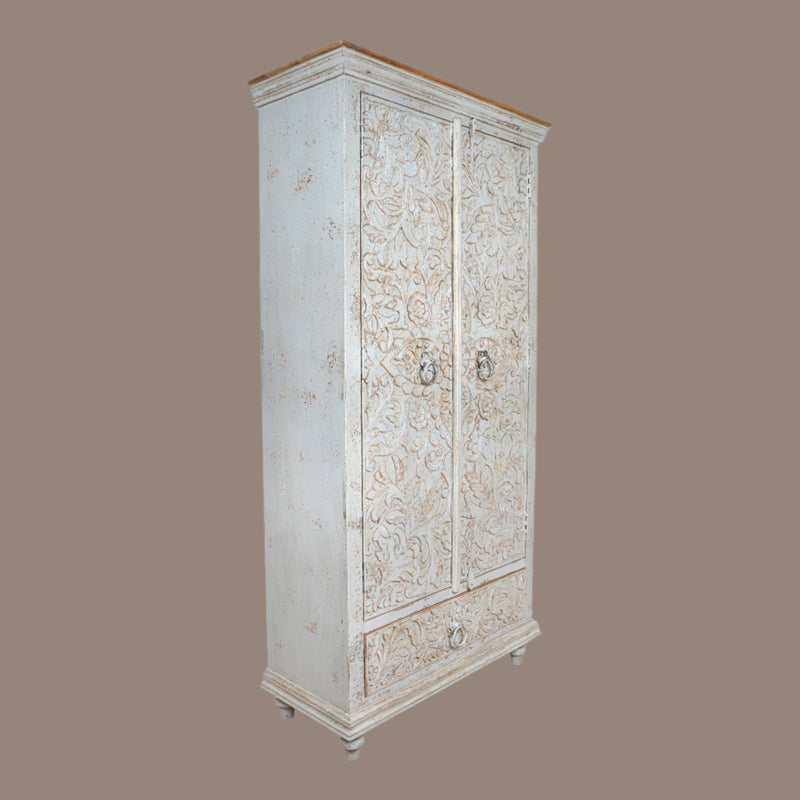 Vanya Almirah - Tall Wooden Cabinet with Nature-Inspired Carvings in Antique Wash