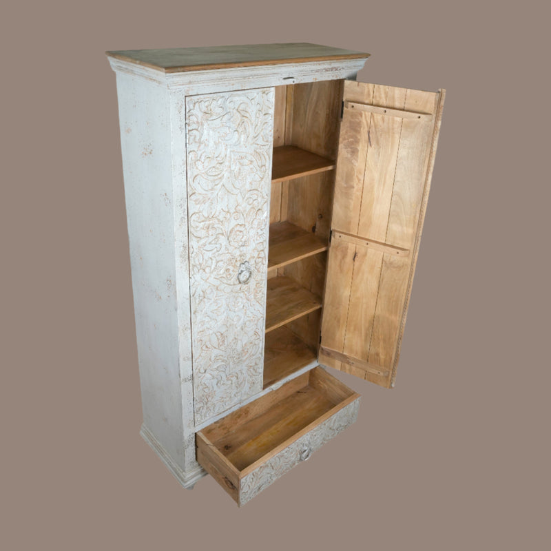 Vanya Almirah - Tall Wooden Cabinet with Nature-Inspired Carvings in Antique Wash