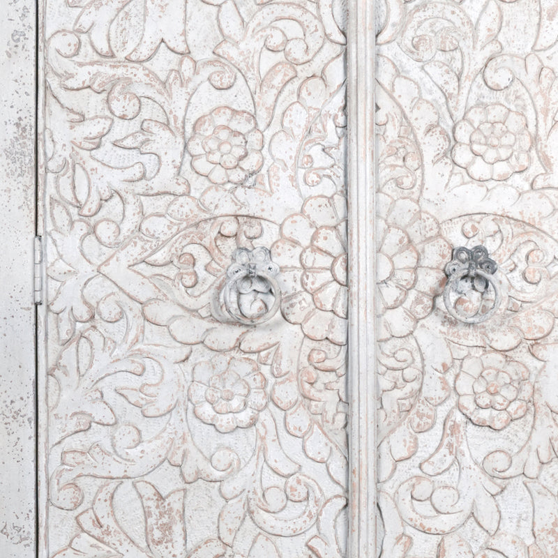 Vanya Almirah - Tall Wooden Cabinet with Nature-Inspired Carvings in Antique Wash