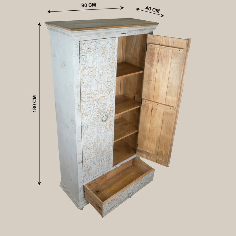 Vanya Almirah - Tall Wooden Cabinet with Nature-Inspired Carvings in Antique Wash
