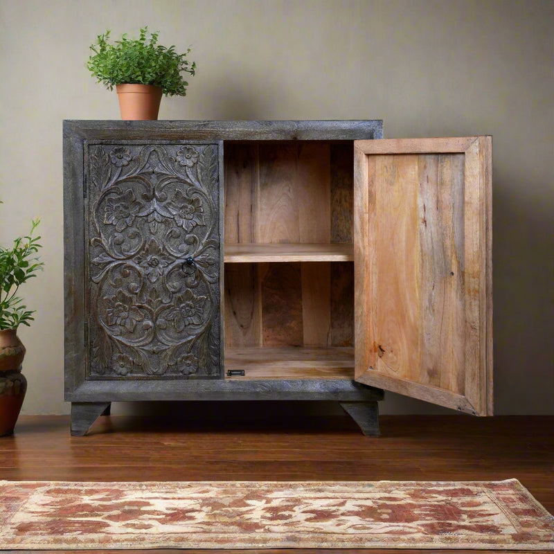 Neelkamal Sideboard - Hand-Carved Wooden Sideboard in Rustic Black Finish
