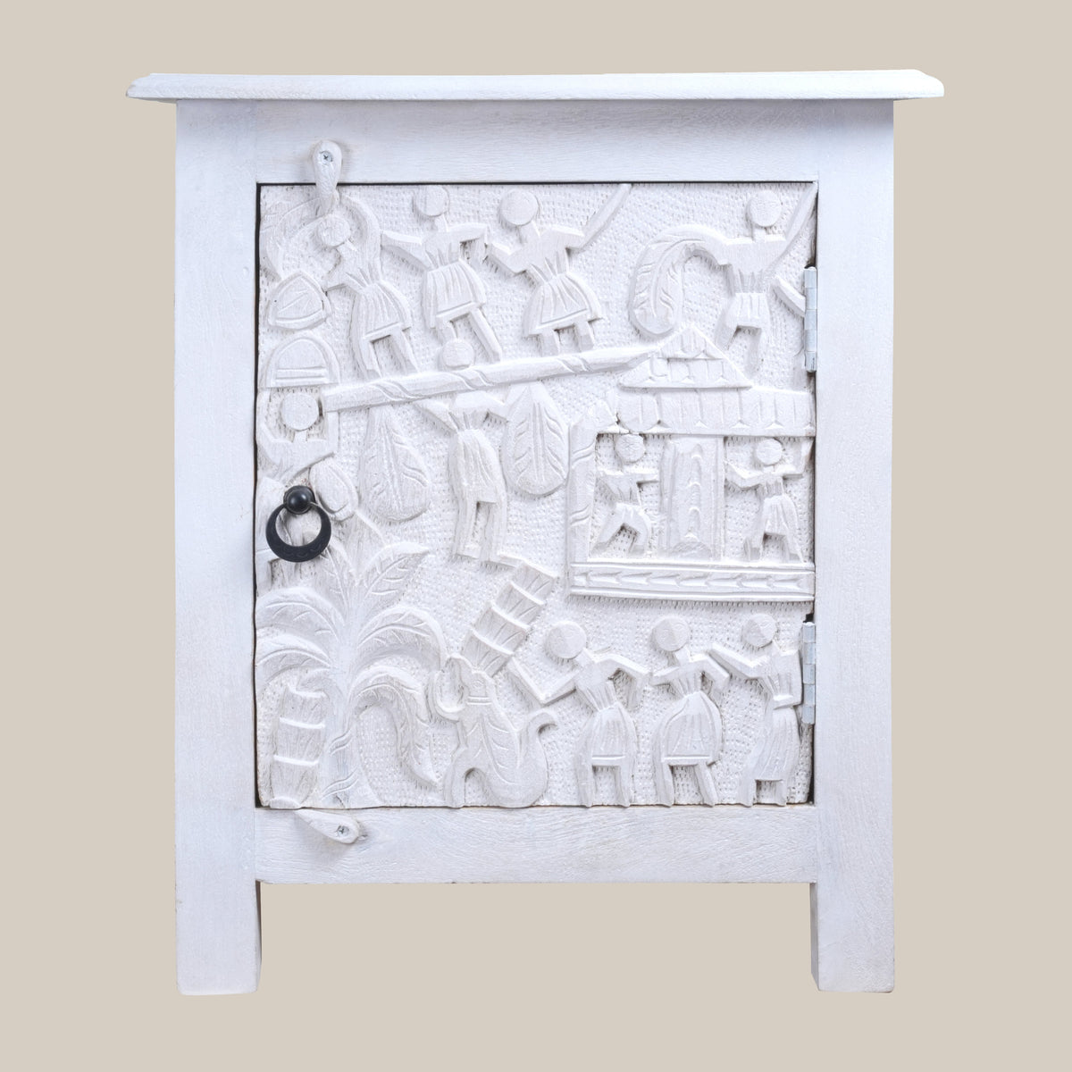 Natya Nightstand - Intricately Carved Wooden Bedside Table with Folk Scene Motifs