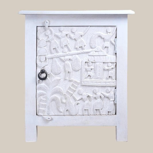 Natya Nightstand - Intricately Carved Wooden Bedside Table with Folk Scene Motifs